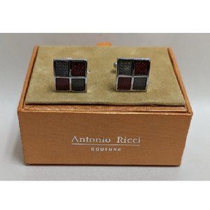 🆕 ART DECO BURGUNDY & STEEL GRAY SILVER PLATED CUFF LINKS - MEN